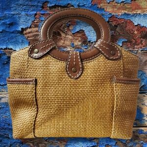 Vintage FOSSIL Woven Mini Satchel Shoulder Bag Leather Trim Y2K Genuine Classic